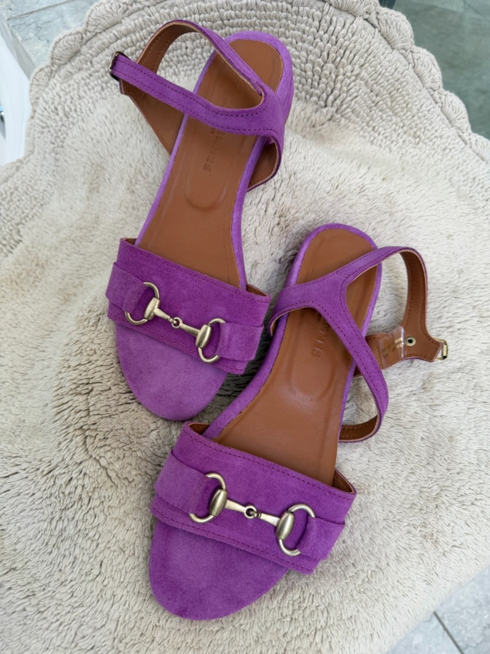 Purple Suede Open-Toe Flat Sandals with Horsebit Detail